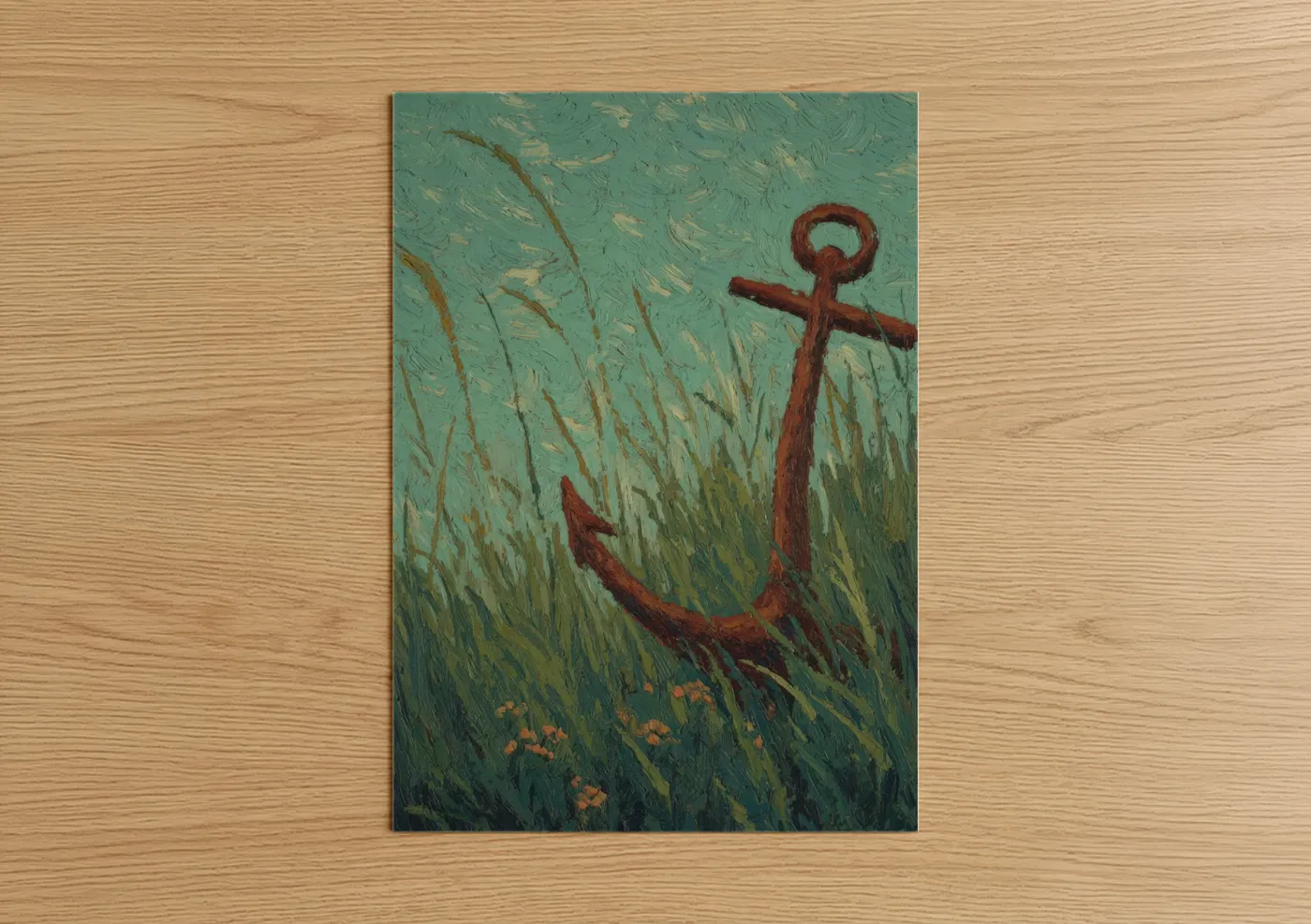 Art print on warm oak wood — teal and russet palette — Rustic Anchor Field poster