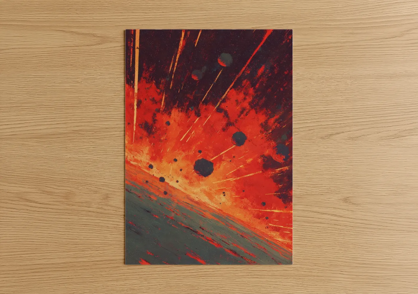 Astroids and comets art print on warm oak wood — red and black palette — Crimson Meteor Shower poster