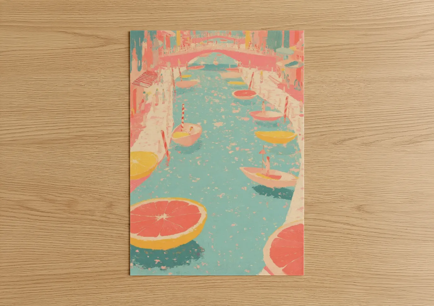 Art print on warm oak wood — teal and salmon pink palette — Citrus Canal poster