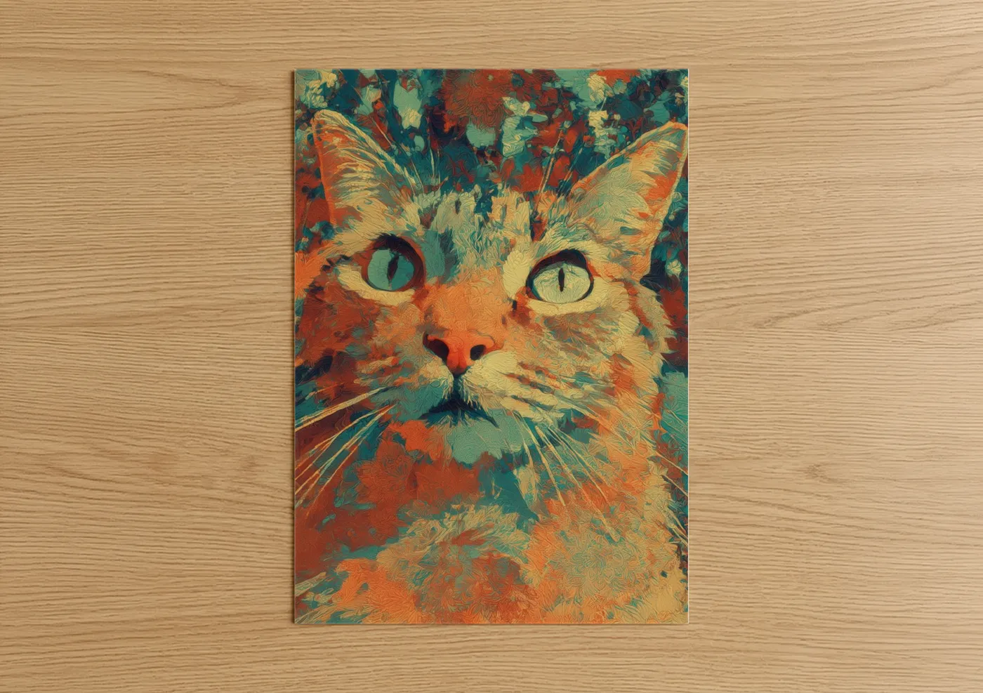 Art print on warm oak wood — orange and teal palette — Emerald-Eyed Cat poster