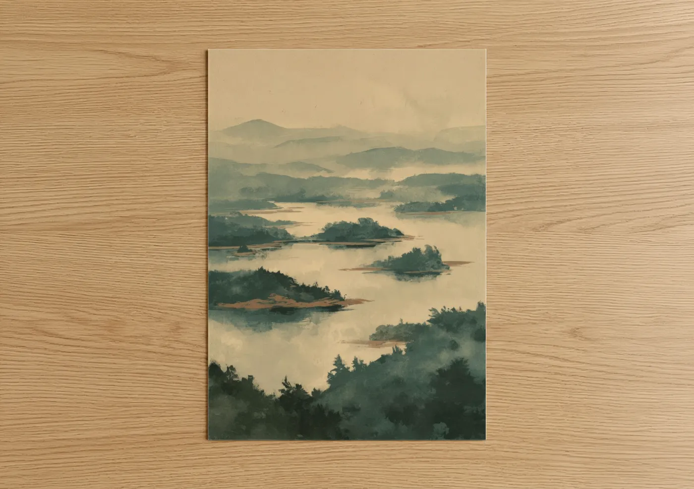 Misty Lake Islands Watercolor Landscape Wall Art