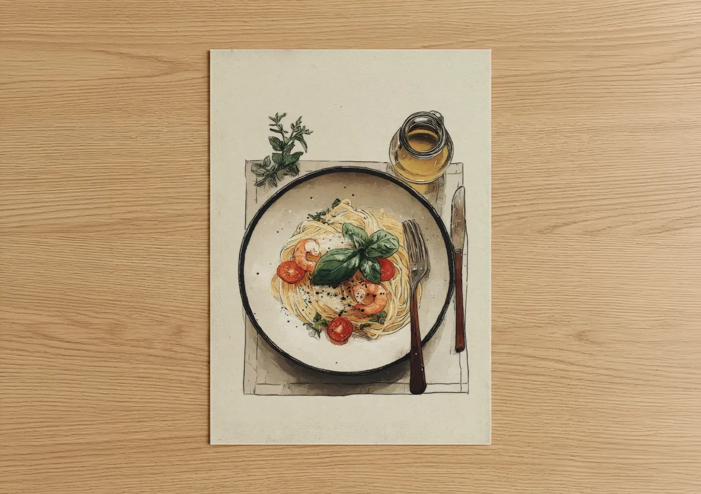 Tomato Basil Pasta Watercolor Food Wall Art