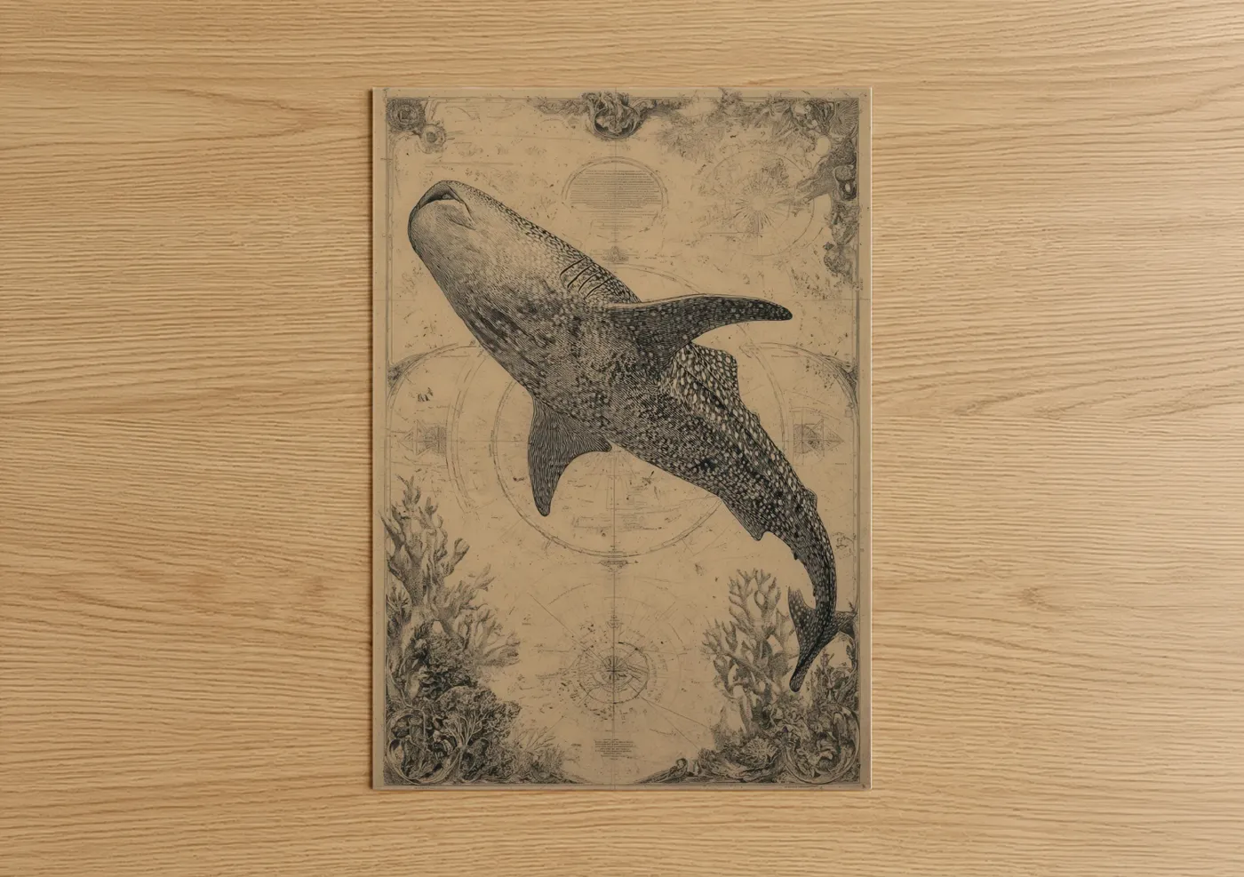 Antique Whale Shark Nautical Engraving Wall Art