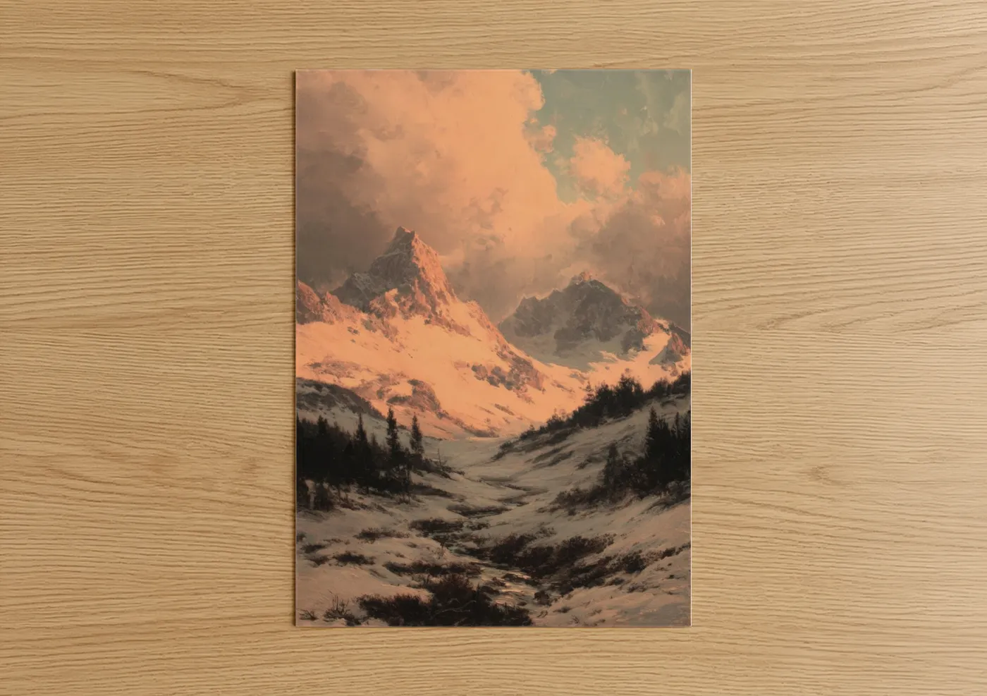 Snowy mountains art print on warm oak wood — peach and gray palette — Alpine Glow Mountains poster