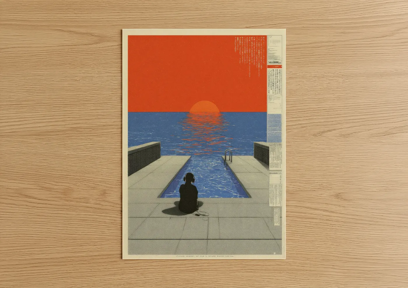 Japanese y2k art print on warm oak wood — orange and blue palette — Poolside Contemplation poster