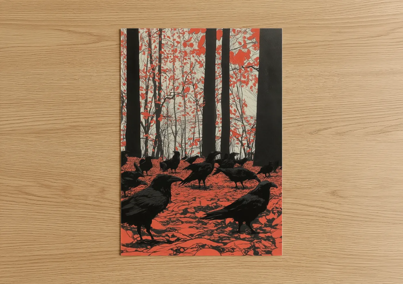 Crows and ravens art print on warm oak wood — red and black palette — Crimson Woodland Ravens poster