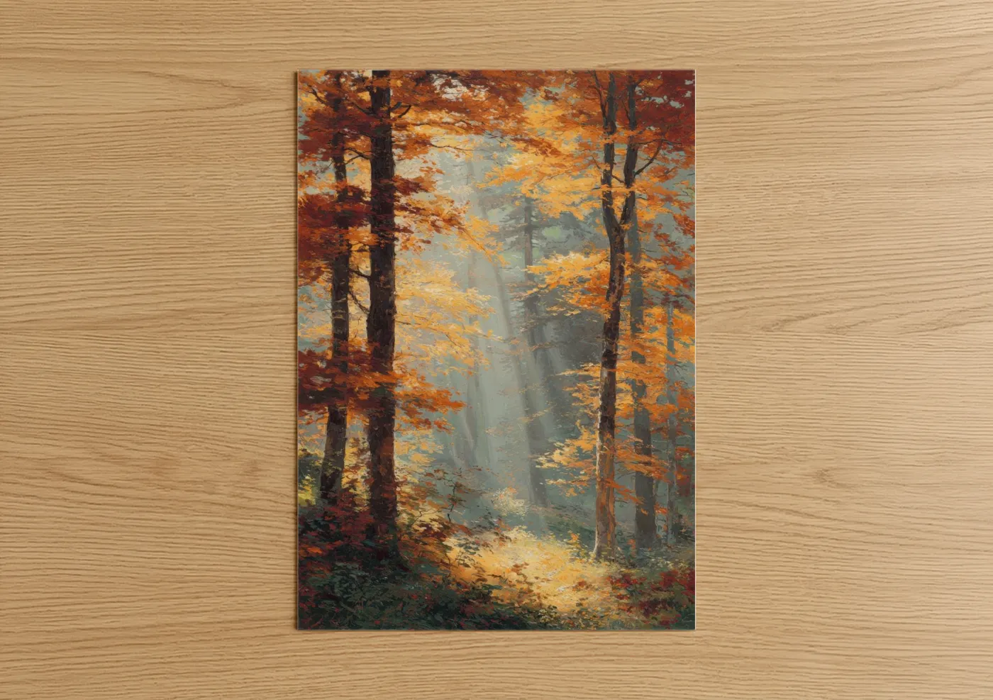 Art print on warm oak wood — gold and russet palette — Misty Maple Forest poster