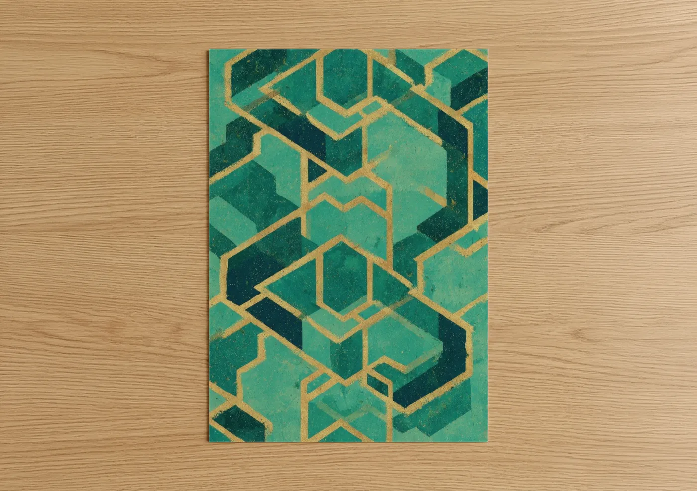 Islam art print on warm oak wood — teal and gold palette — Emerald Geometry poster