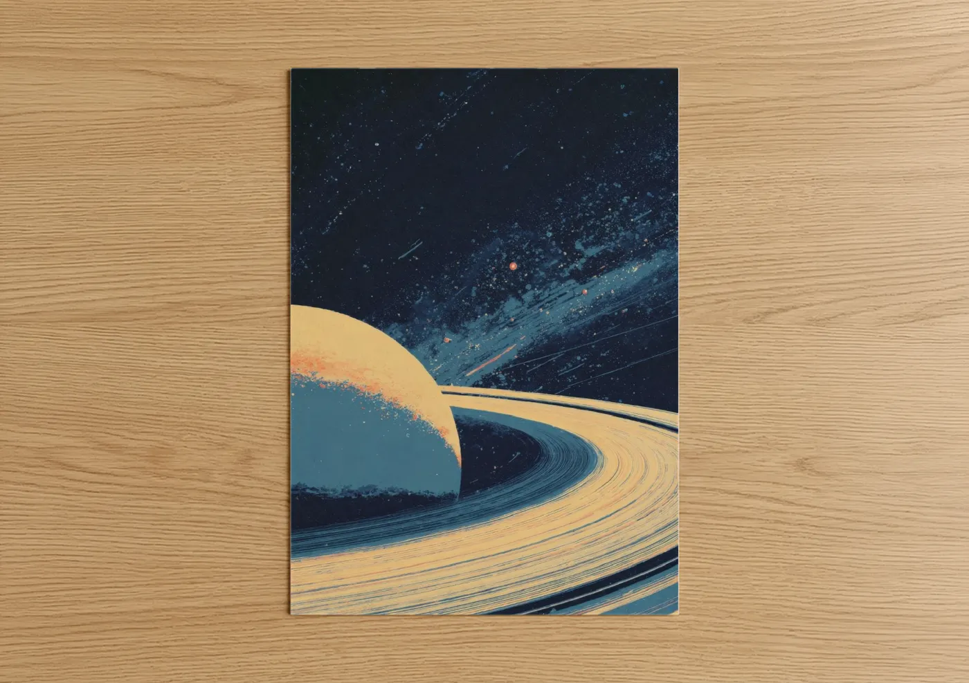 Solar system art print on warm oak wood — dark blue and yellow gold palette — Cosmic Saturn poster