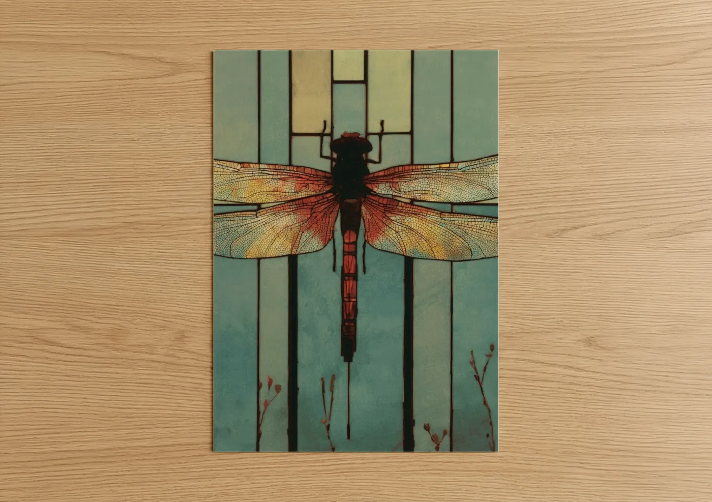 Art print on warm oak wood — sage green and gold palette — Stained Glass Dragonfly poster