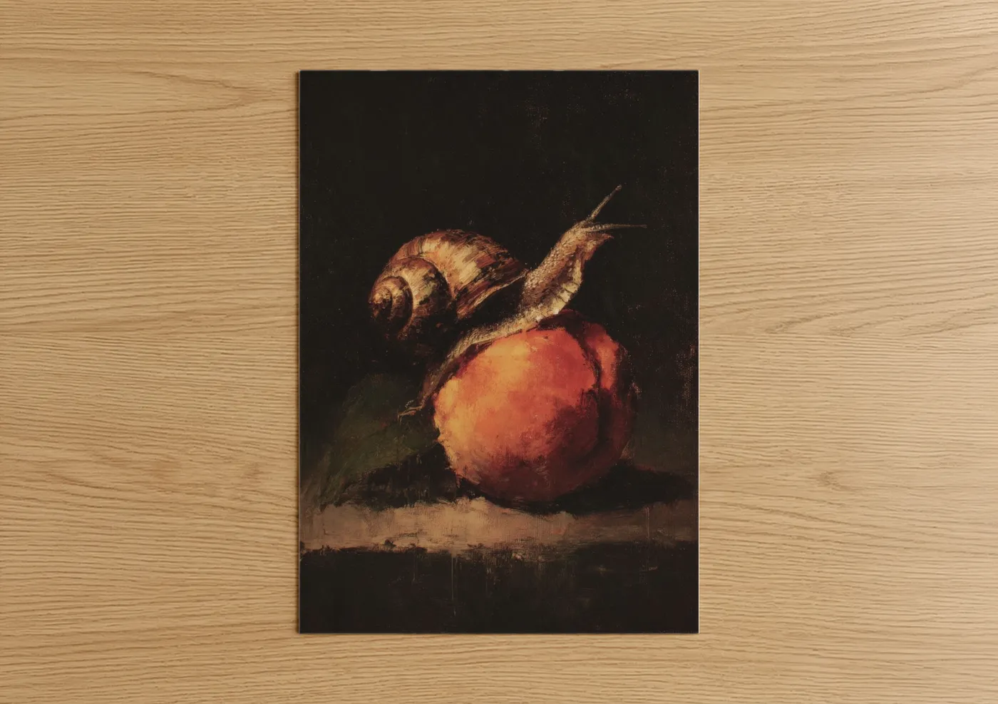 Art print on warm oak wood — red and gold palette — Crimson Apple Snail poster