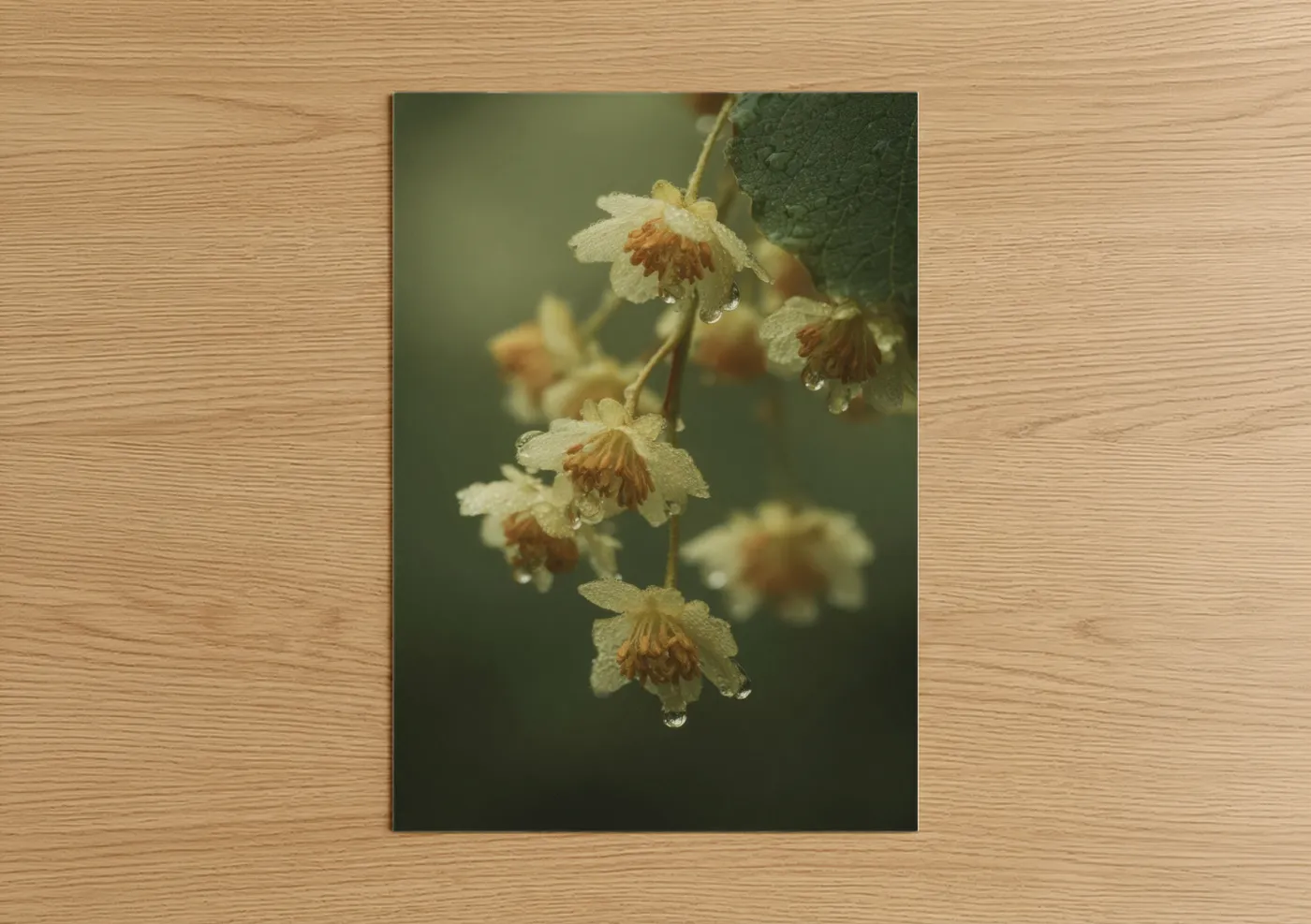 Linden tree art print on warm oak wood — cream and sage green palette — Dewdrop Linden poster