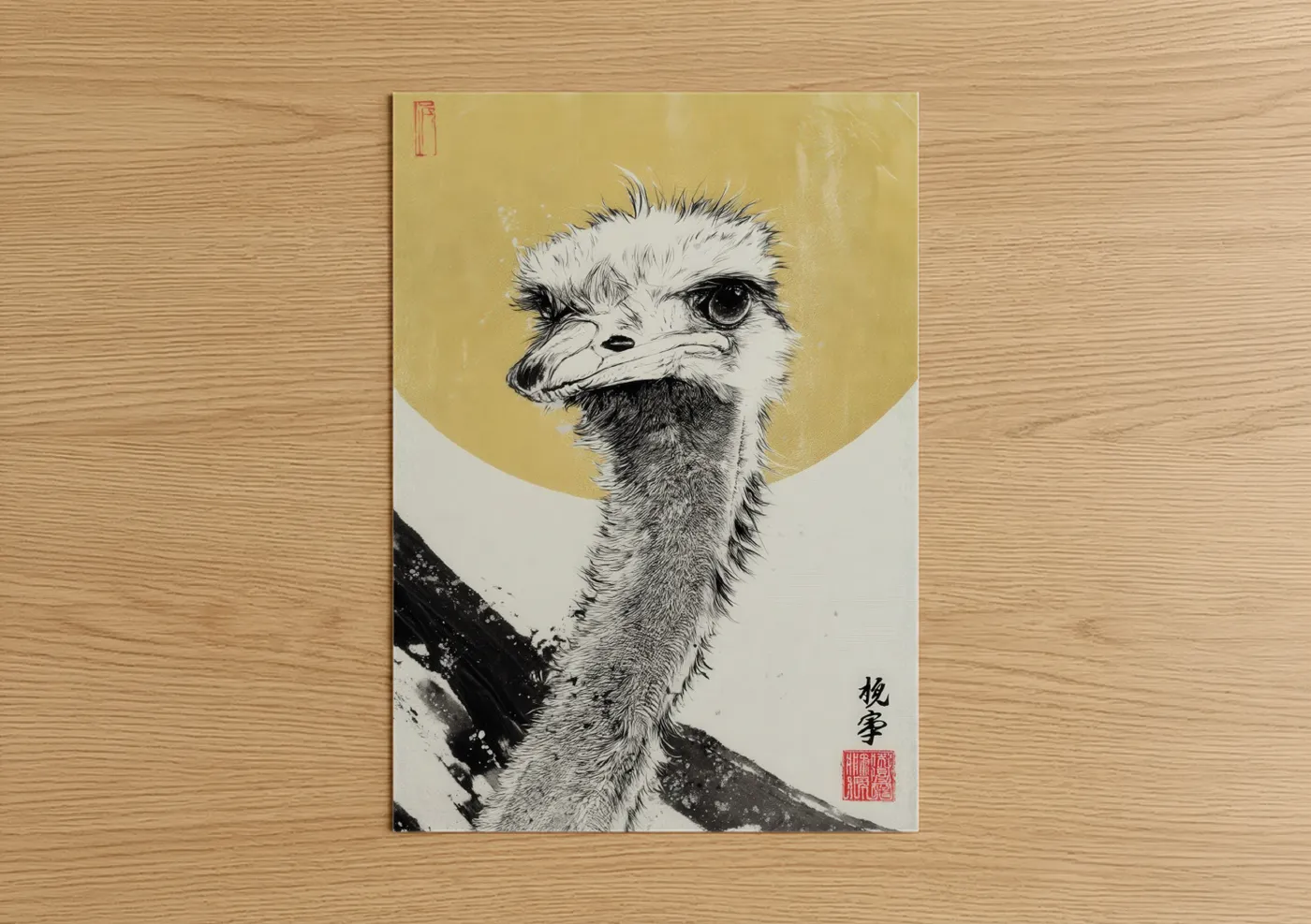 Golden Ostrich Portrait Japanese Wall Art