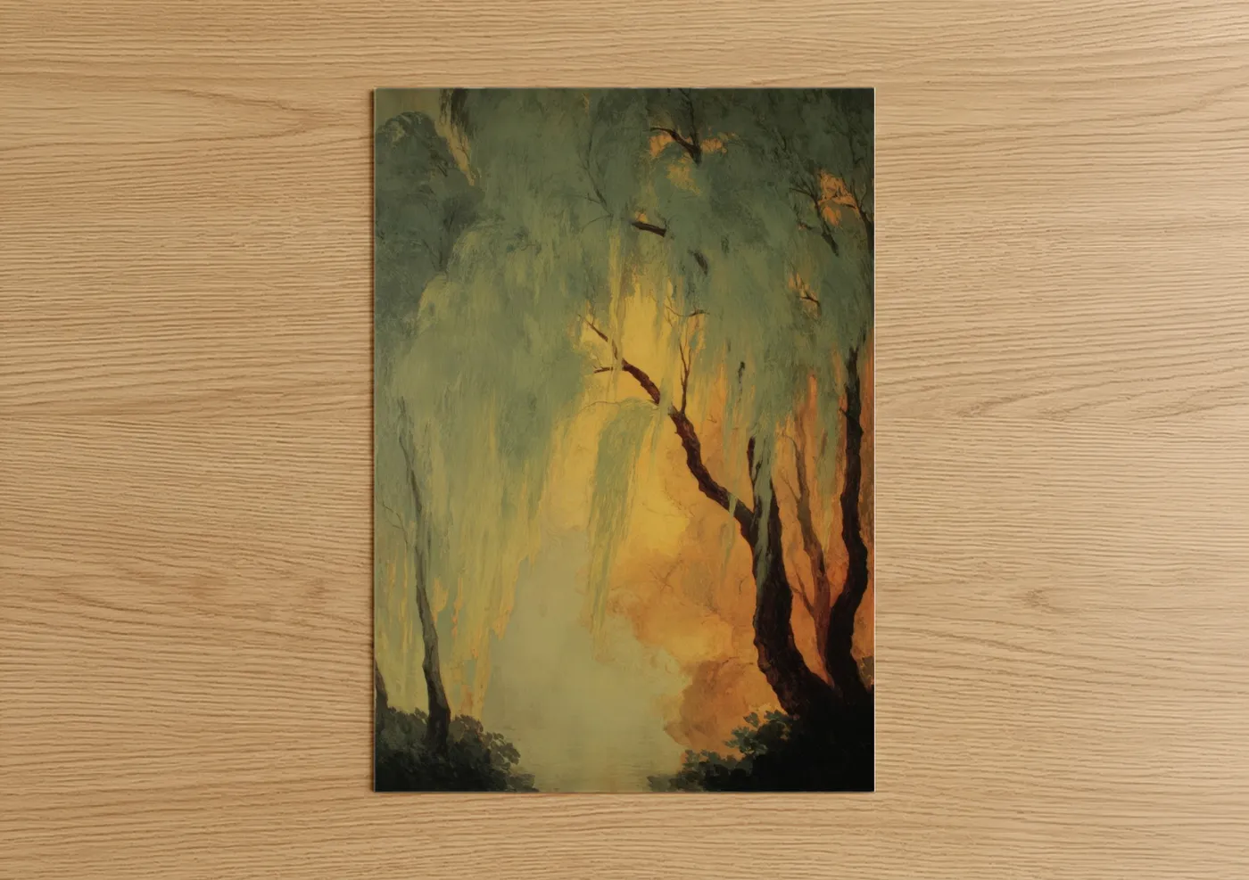 Golden Willow Forest Sunset Painting Wall Art