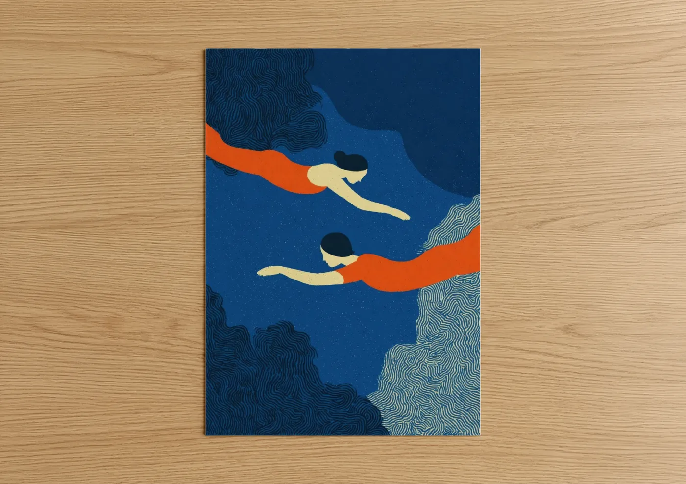 Swimming art print on warm oak wood — royal blue and orange palette — Synchronized Swimmers poster