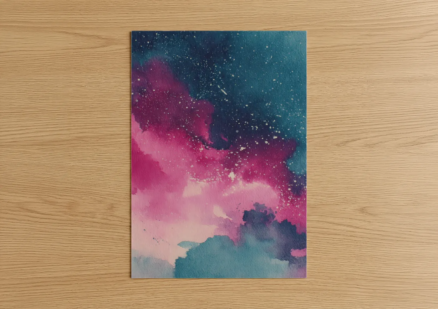 Galaxy art print on warm oak wood — magenta and teal palette — Cosmic Nebula poster