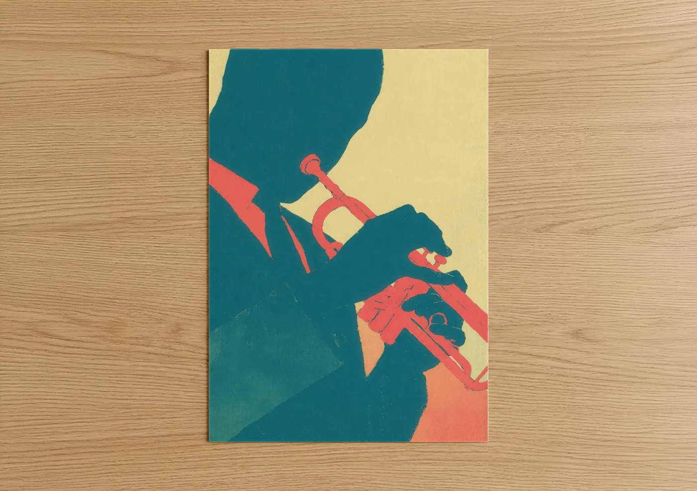 Trumpet art print on warm oak wood — teal and salmon pink palette — Coral Musician poster