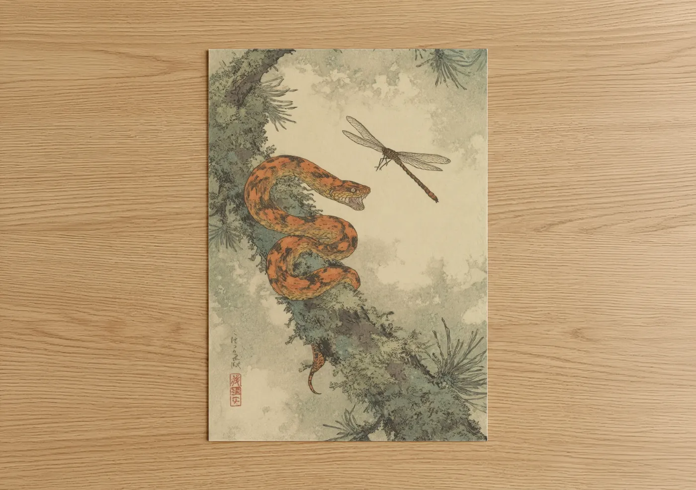 Coral Viper with Dragonfly Botanical Wall Art