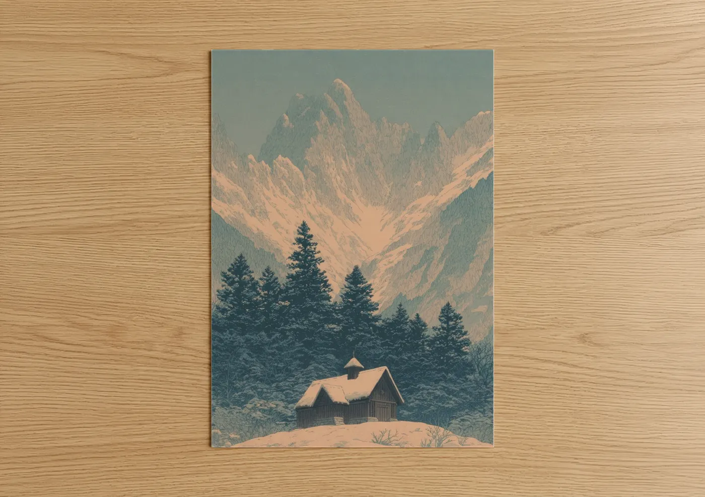 Churches and chapels art print on warm oak wood — dove gray and peach palette — Alpine Chapel poster