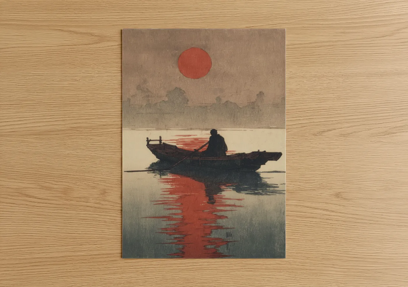 Boatman Reflection Sunset Watercolor Wall Art