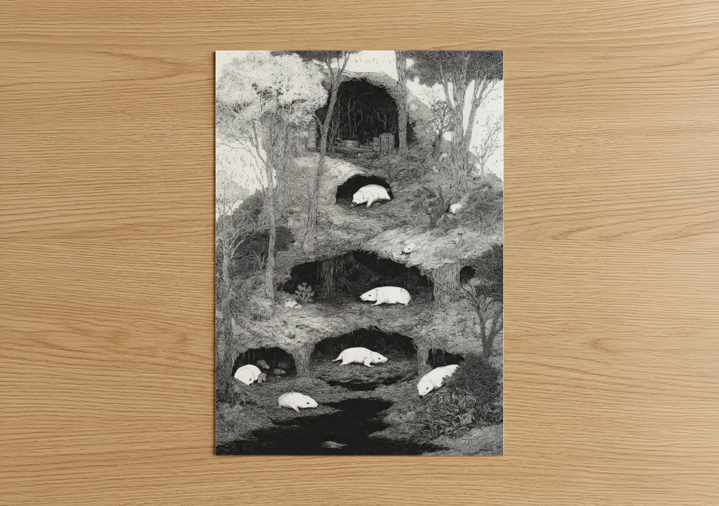 Art print on warm oak wood — black and white palette — Burrow Wombats poster