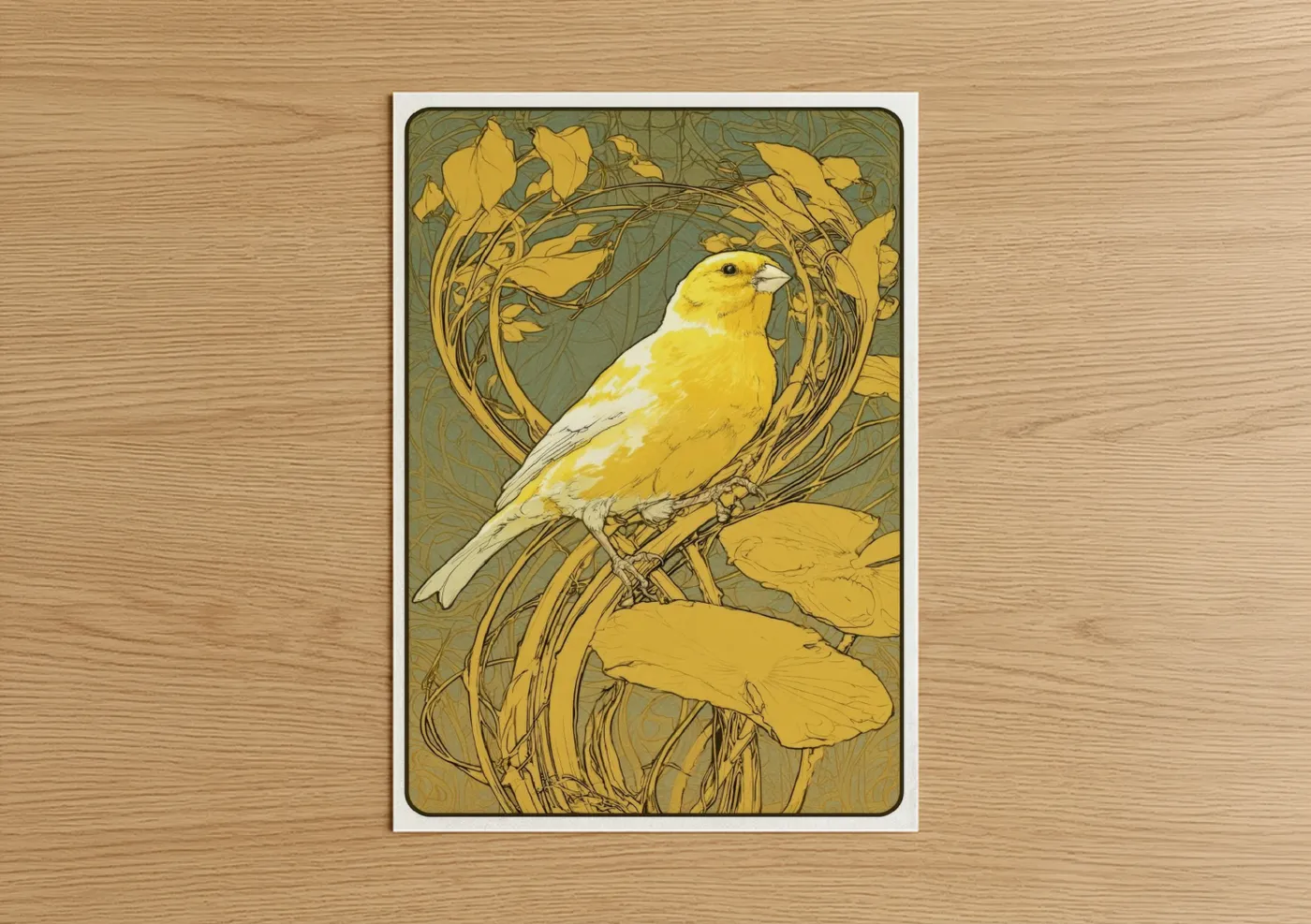Canaries art print on warm oak wood — gold and olive palette — Golden Canary poster