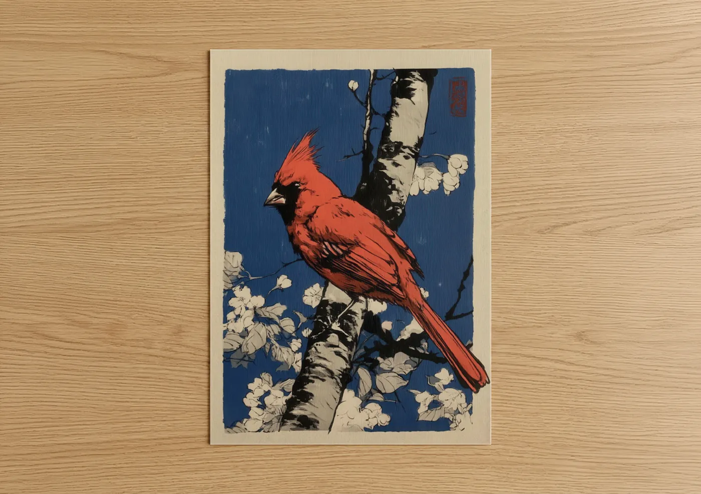 Art print on warm oak wood — red and royal blue palette — Scarlet Cardinal Birch poster