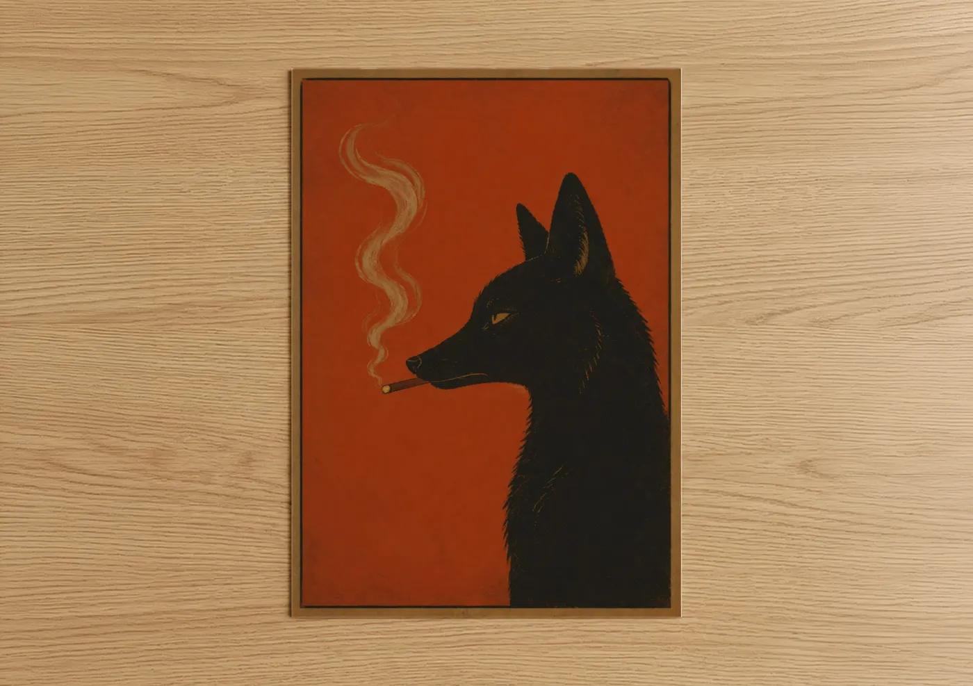 Art print on warm oak wood — orange and black palette — Smoking Fox Portrait Wall Art poster
