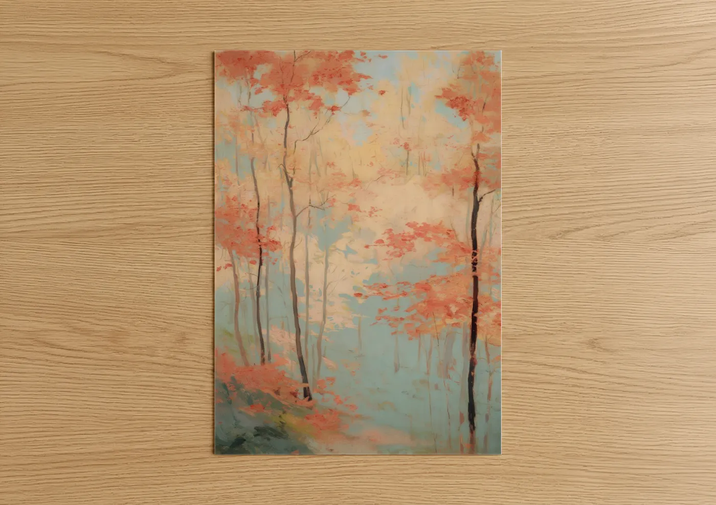 Art print on warm oak wood — pumpkin and blue palette — Crimson Maple Forest poster