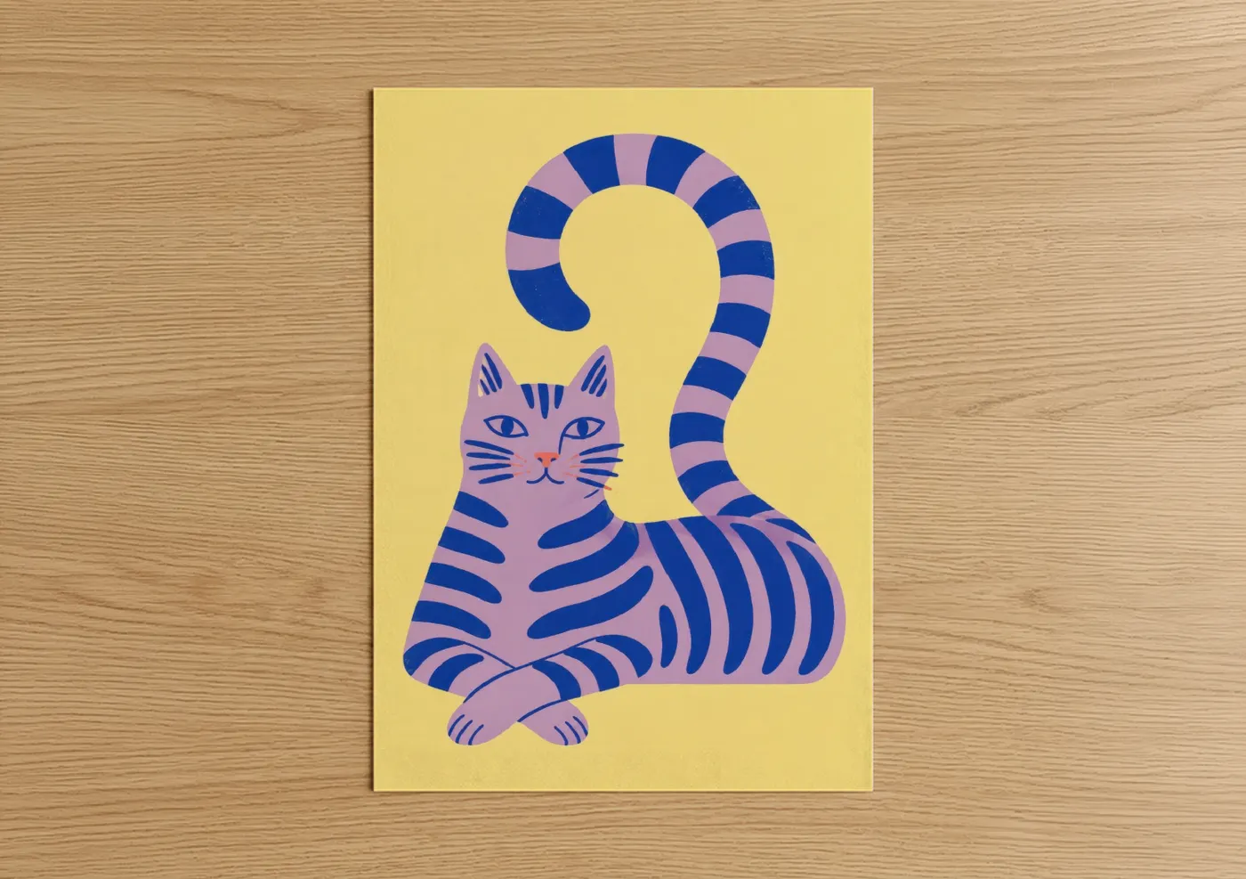 Art print on warm oak wood — blue and yellow palette — Striped Cat Geometric Wall Art poster