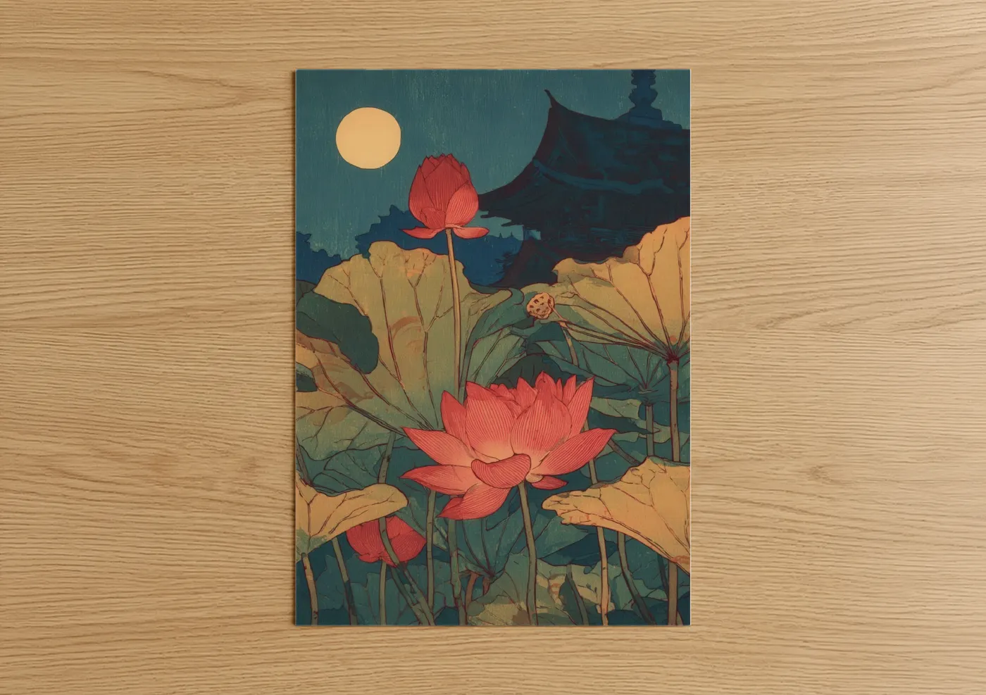 Red Lotus Flower Asian Garden Illustration Wall Art