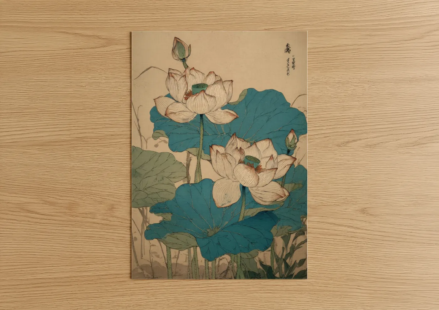 Art print on warm oak wood — cream and teal palette — Serene Lotus Blooms poster