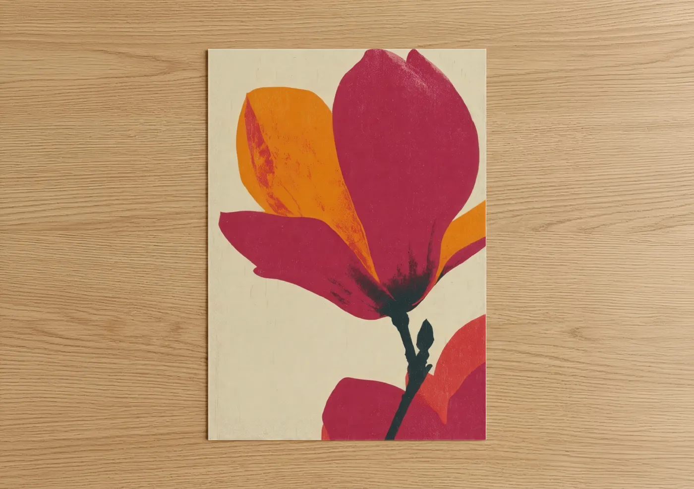 Art print on warm oak wood — magenta and orange palette — Crimson Magnolia poster