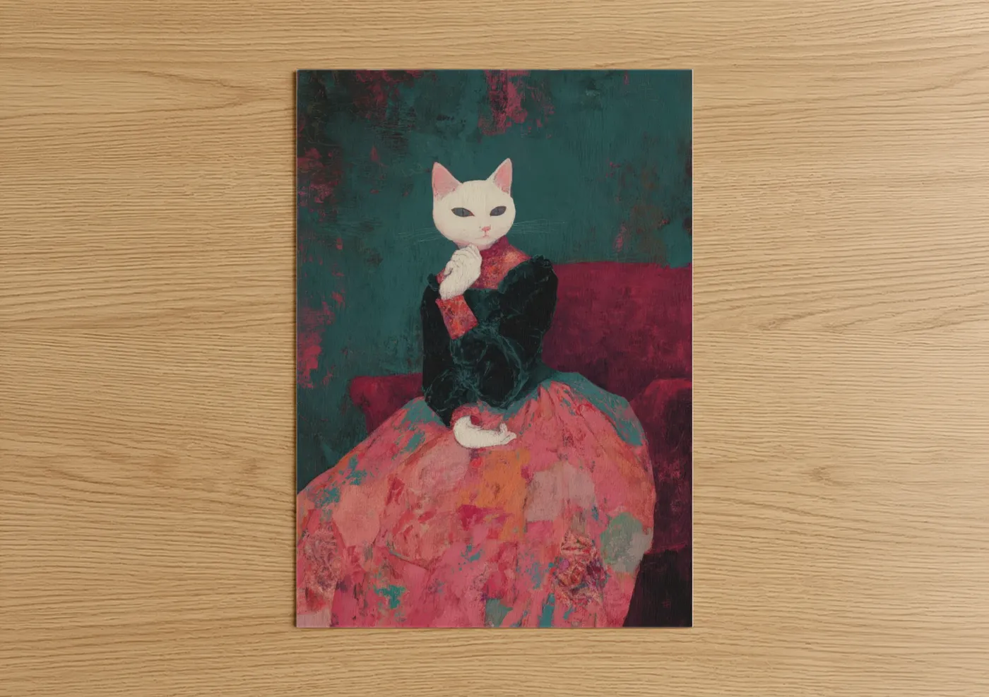 Retro fashion art print on warm oak wood — teal and magenta palette — Elegant Cat Portrait poster