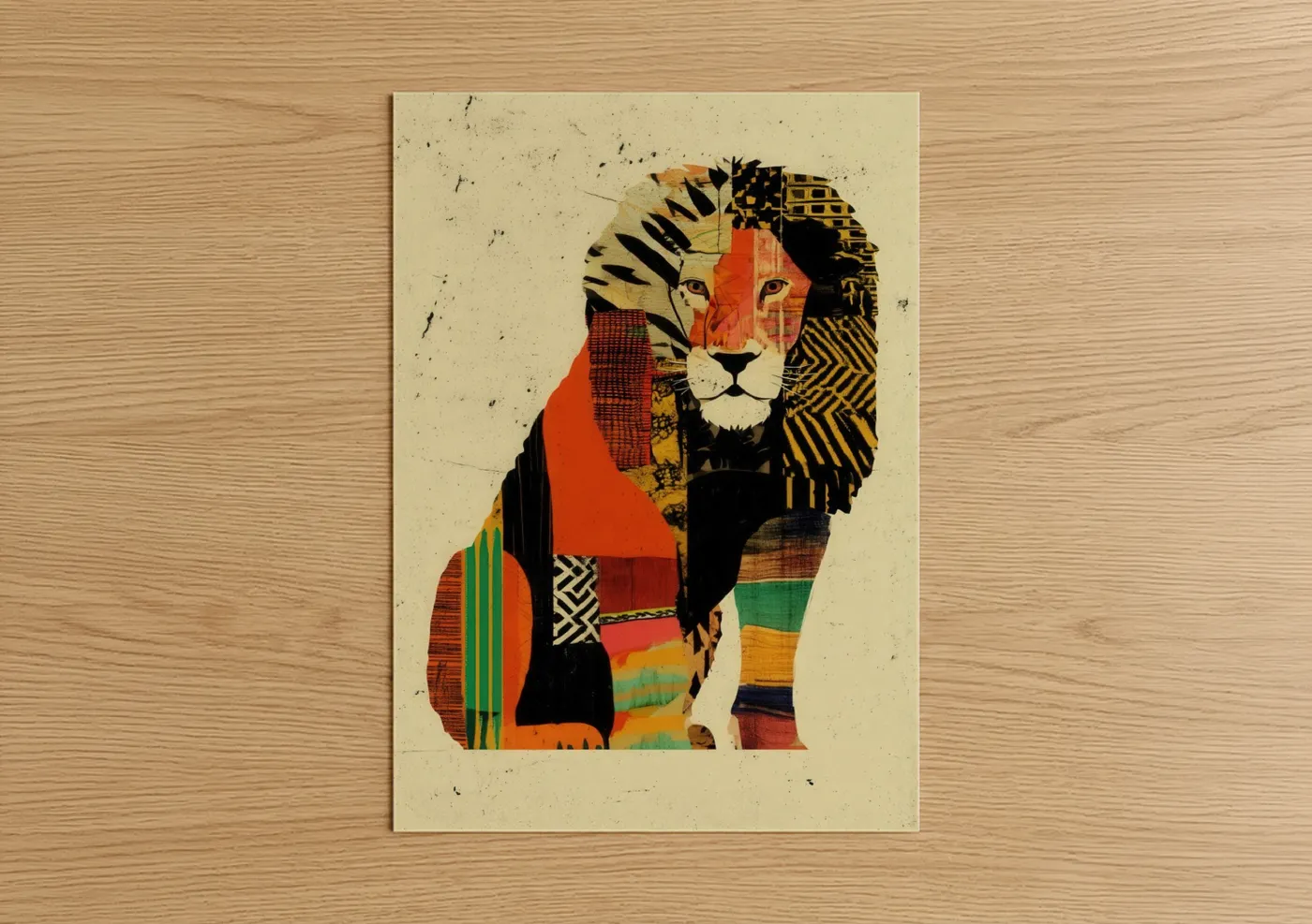 Art print on warm oak wood — orange and gold palette — Colorful Lion poster