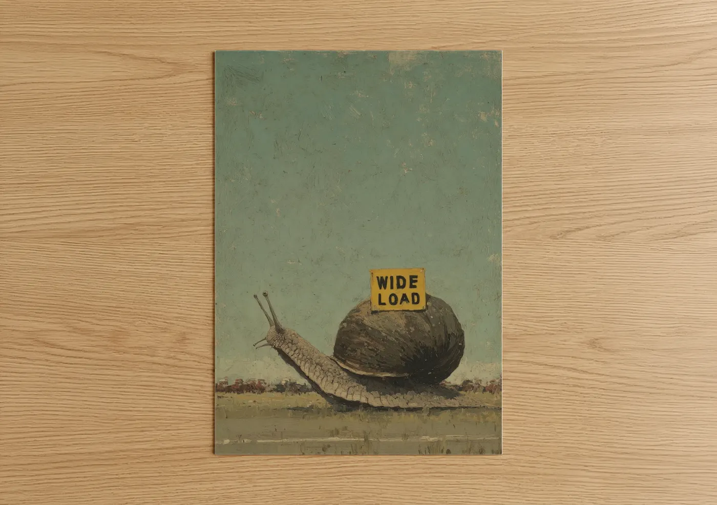 Art print on warm oak wood — sage green and gold palette — Wide Load Snail poster