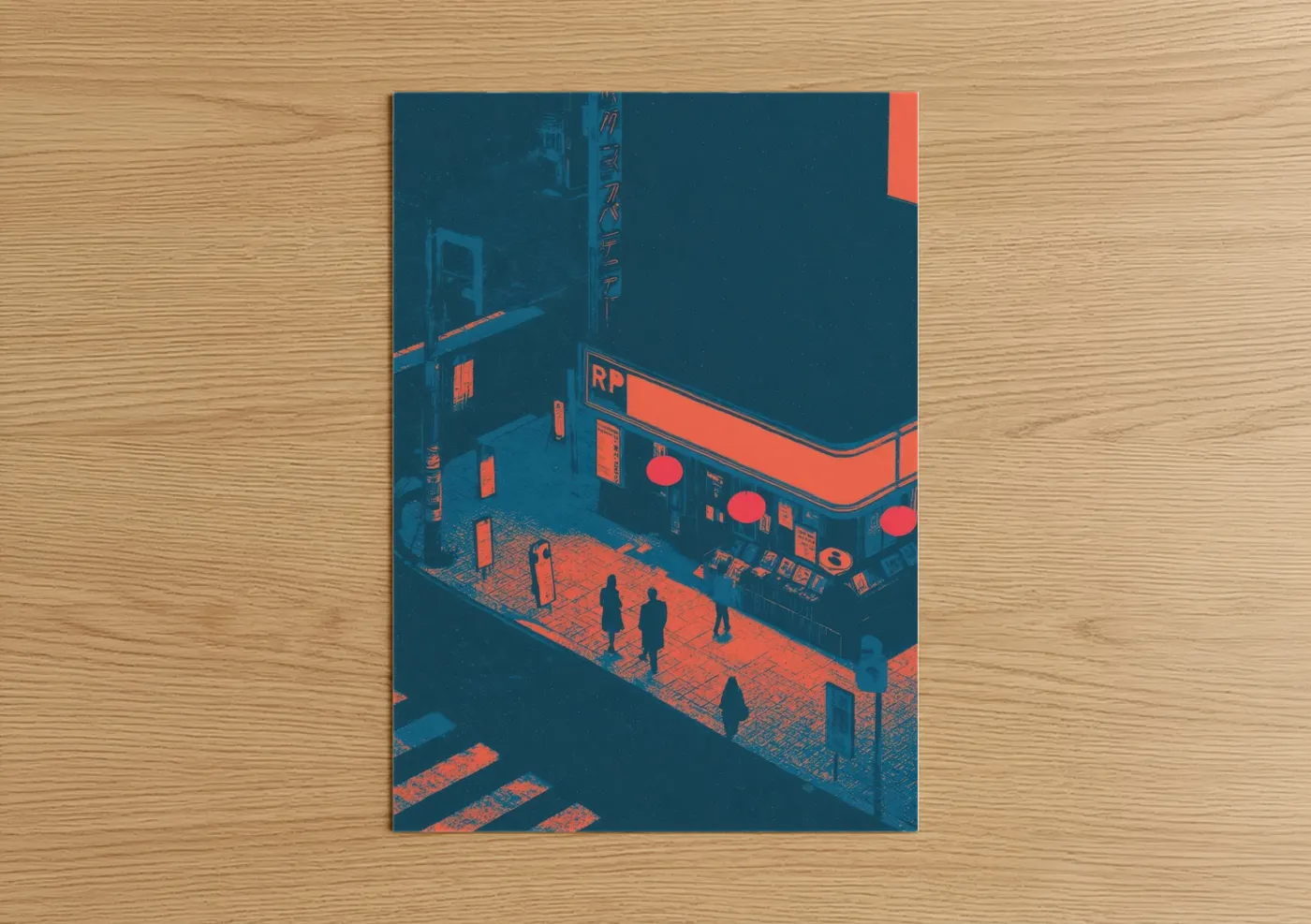 Retro pop art print on warm oak wood — blue and red palette — Neon Urban Streets poster