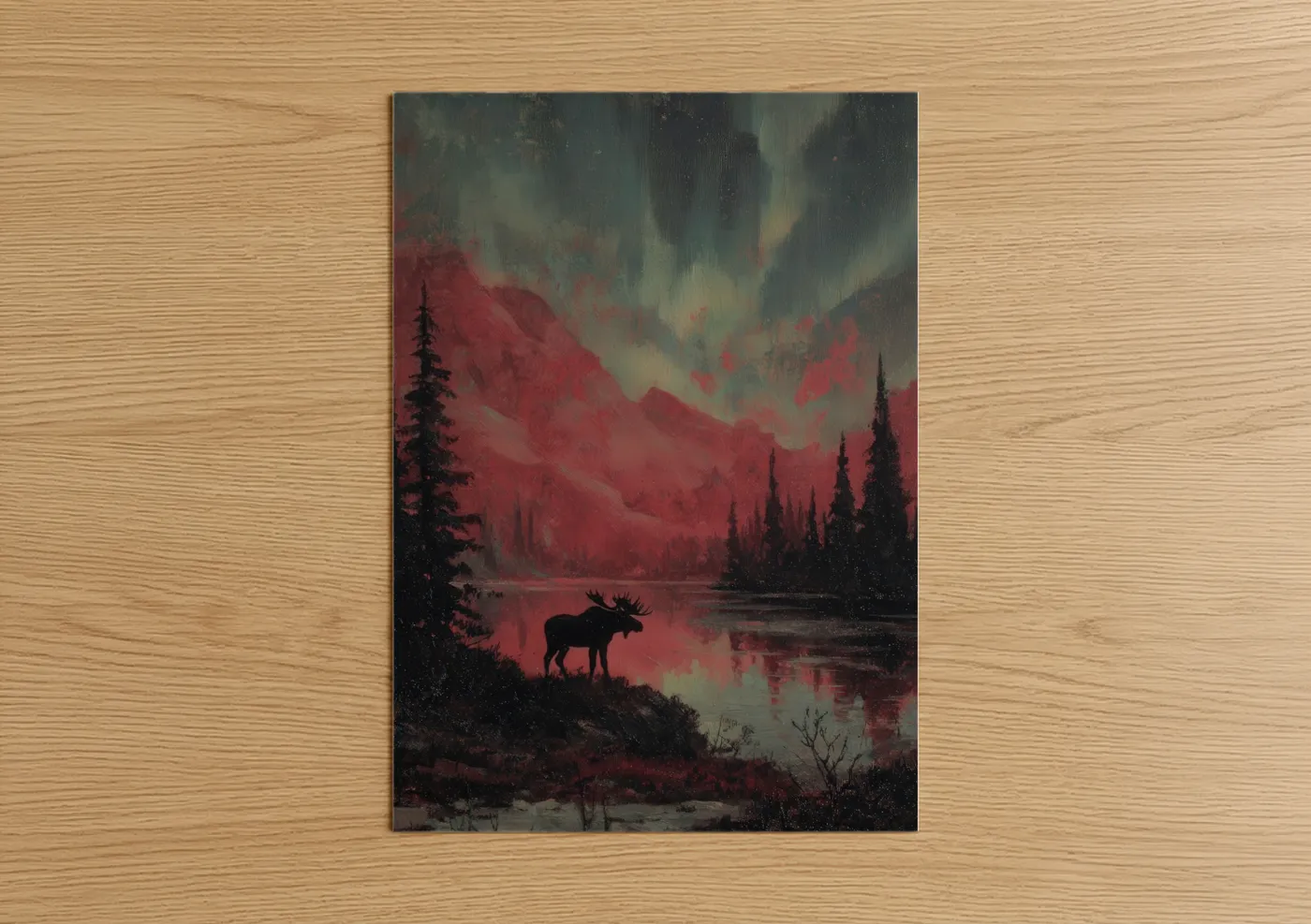 Art print on warm oak wood — maroon and gray palette — Crimson Moose poster