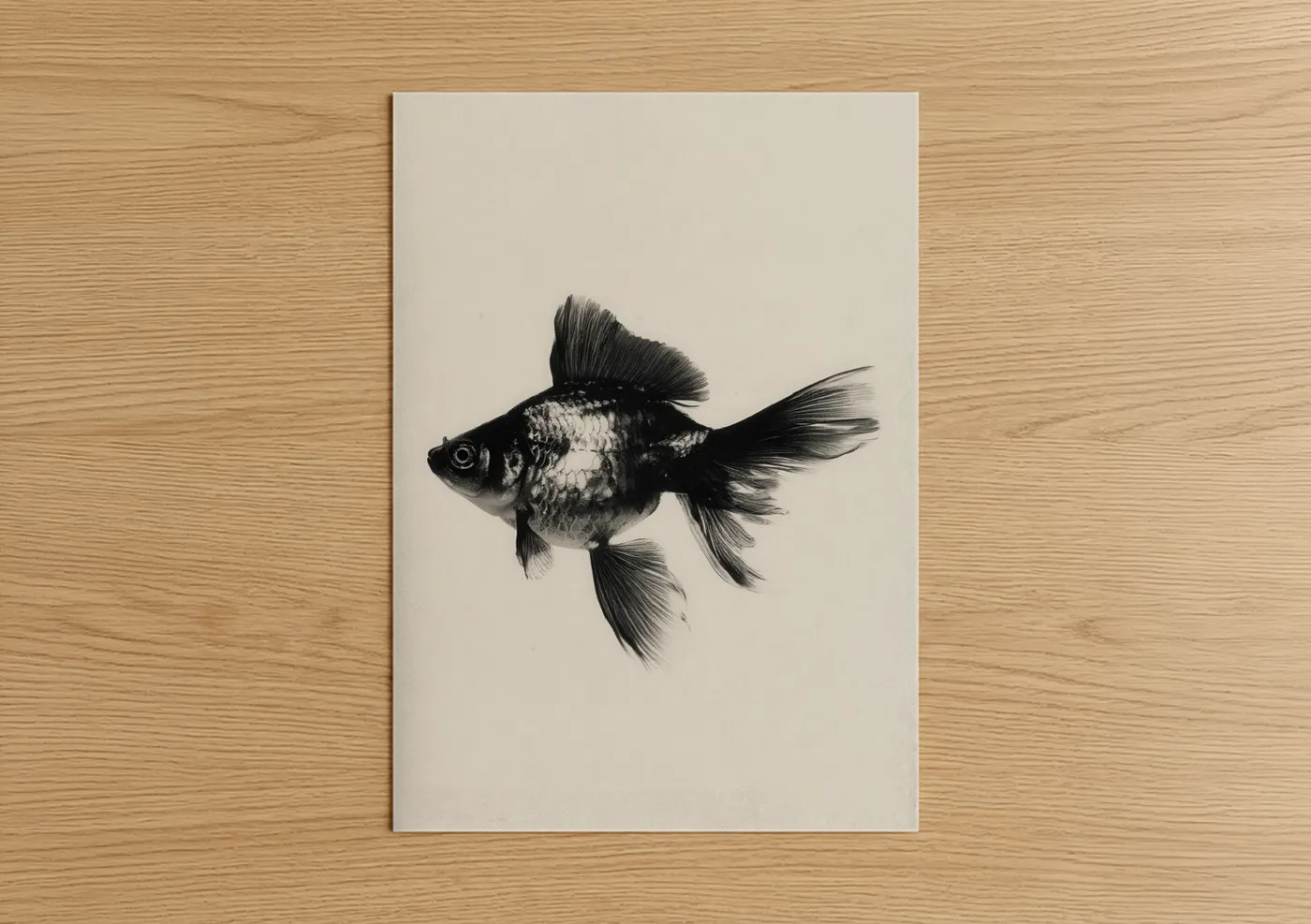 Art print on warm oak wood — black and white and cream palette — Flowing Goldfish poster