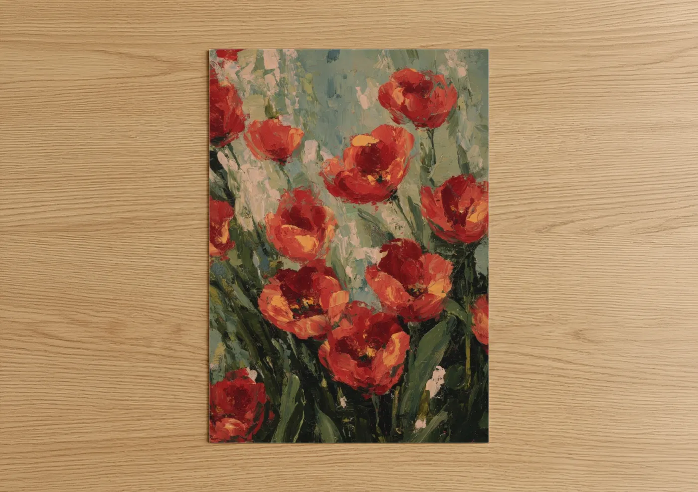 Art print on warm oak wood — red and sage green palette — Crimson Tulip Garden poster