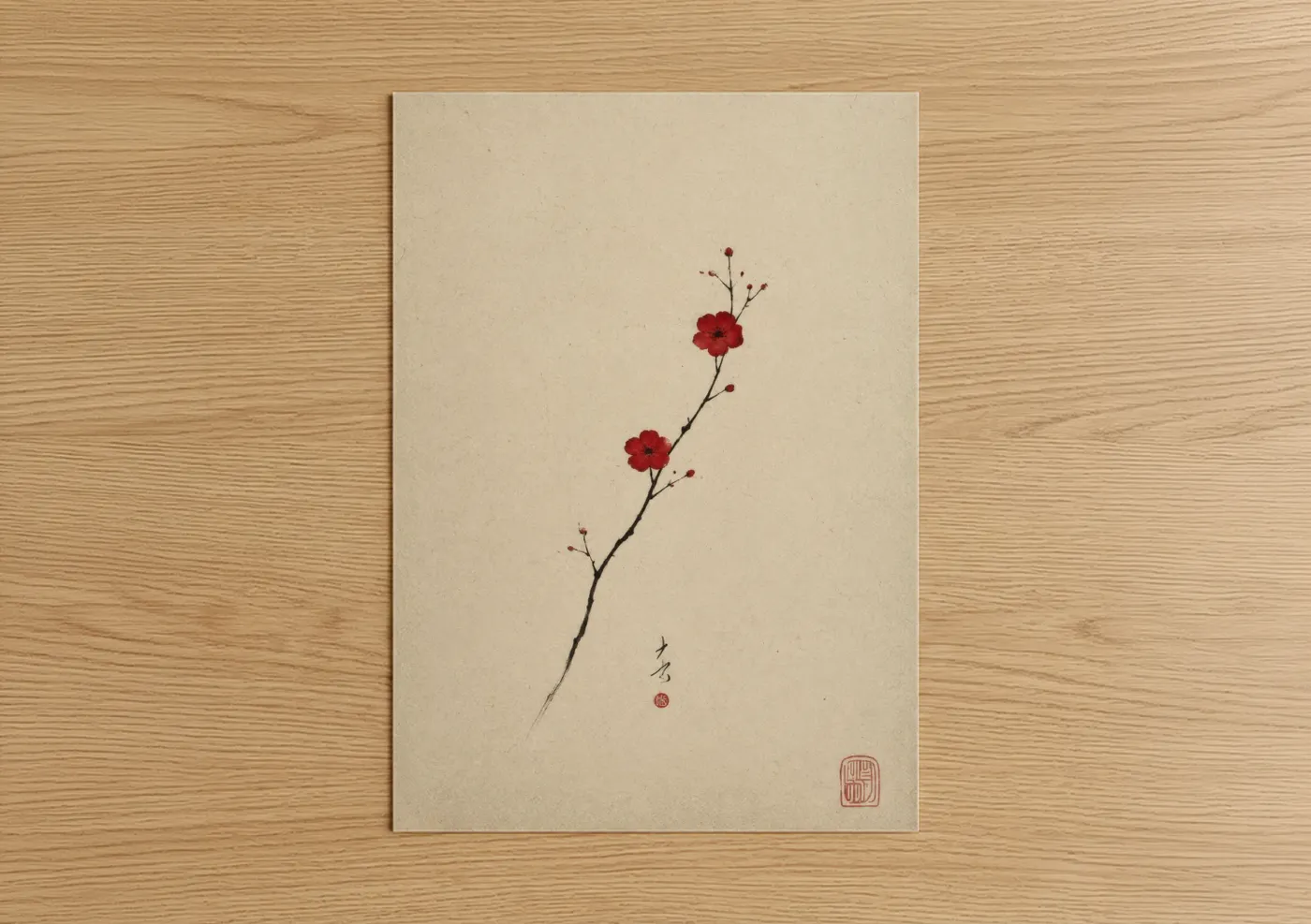 Cherry blossoms art print on warm oak wood — red and beige palette — Cherry Blossom Branch Japanese Wall Art poster
