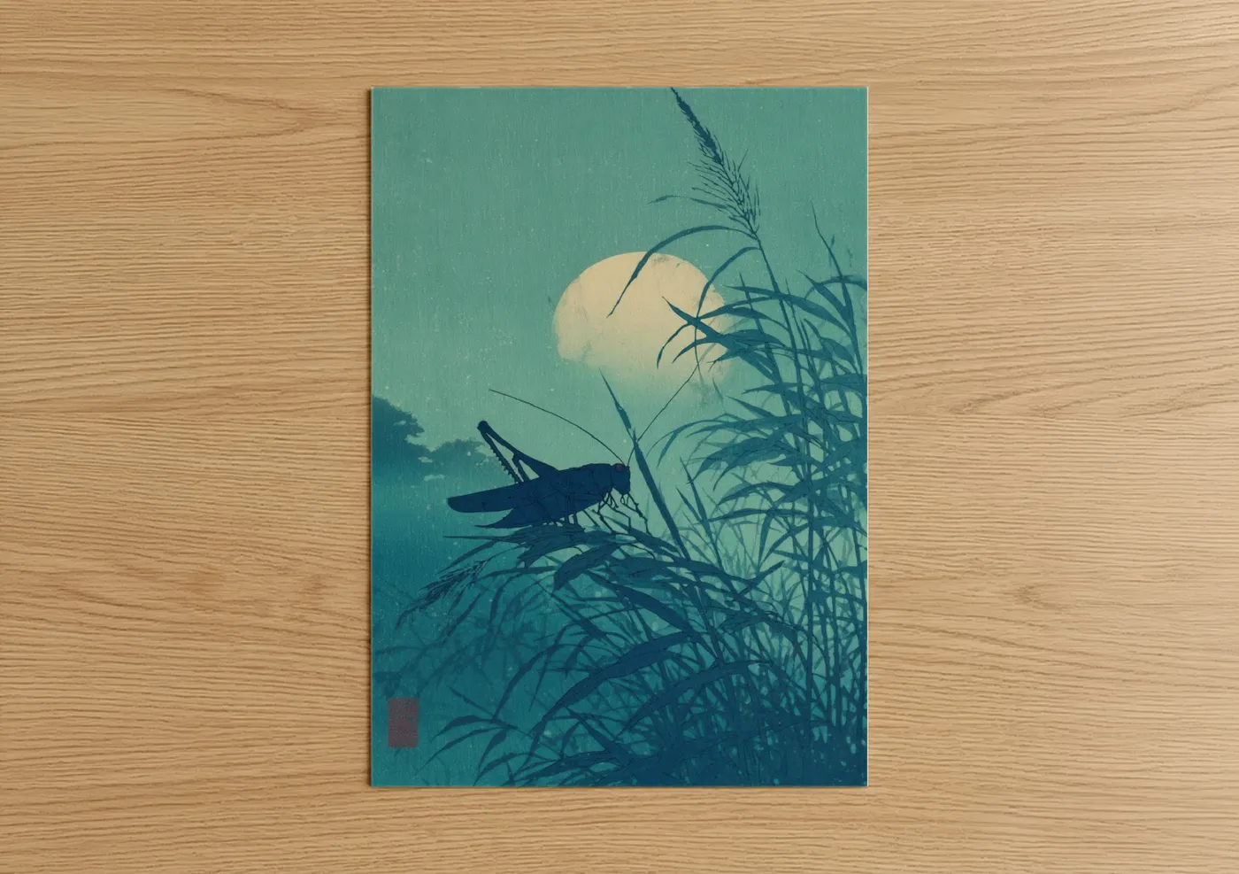Art print on warm oak wood — teal and blue palette — Moonlit Grasshopper poster