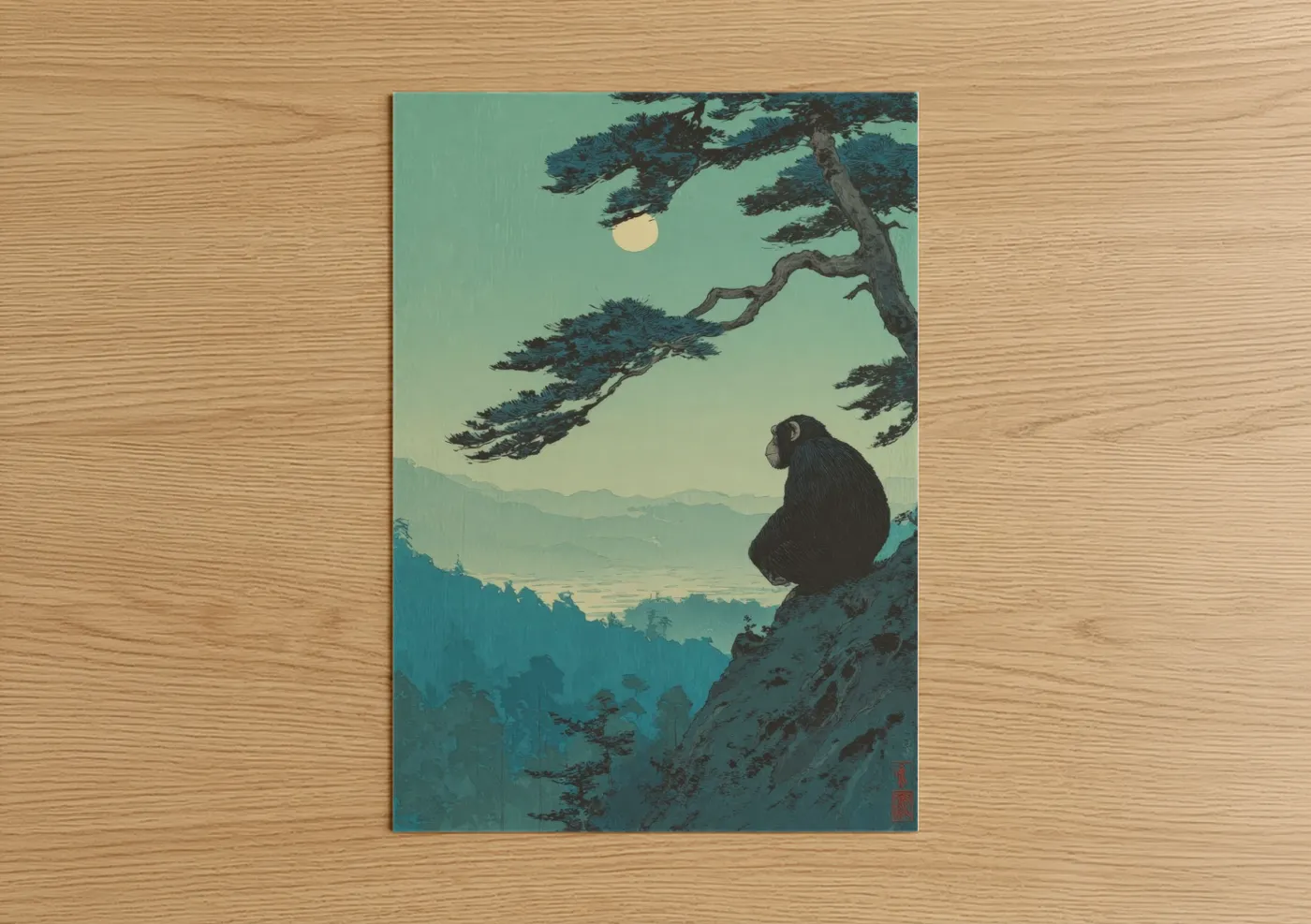 Art print on warm oak wood — teal and sage green palette — Contemplative Chimpanzee poster