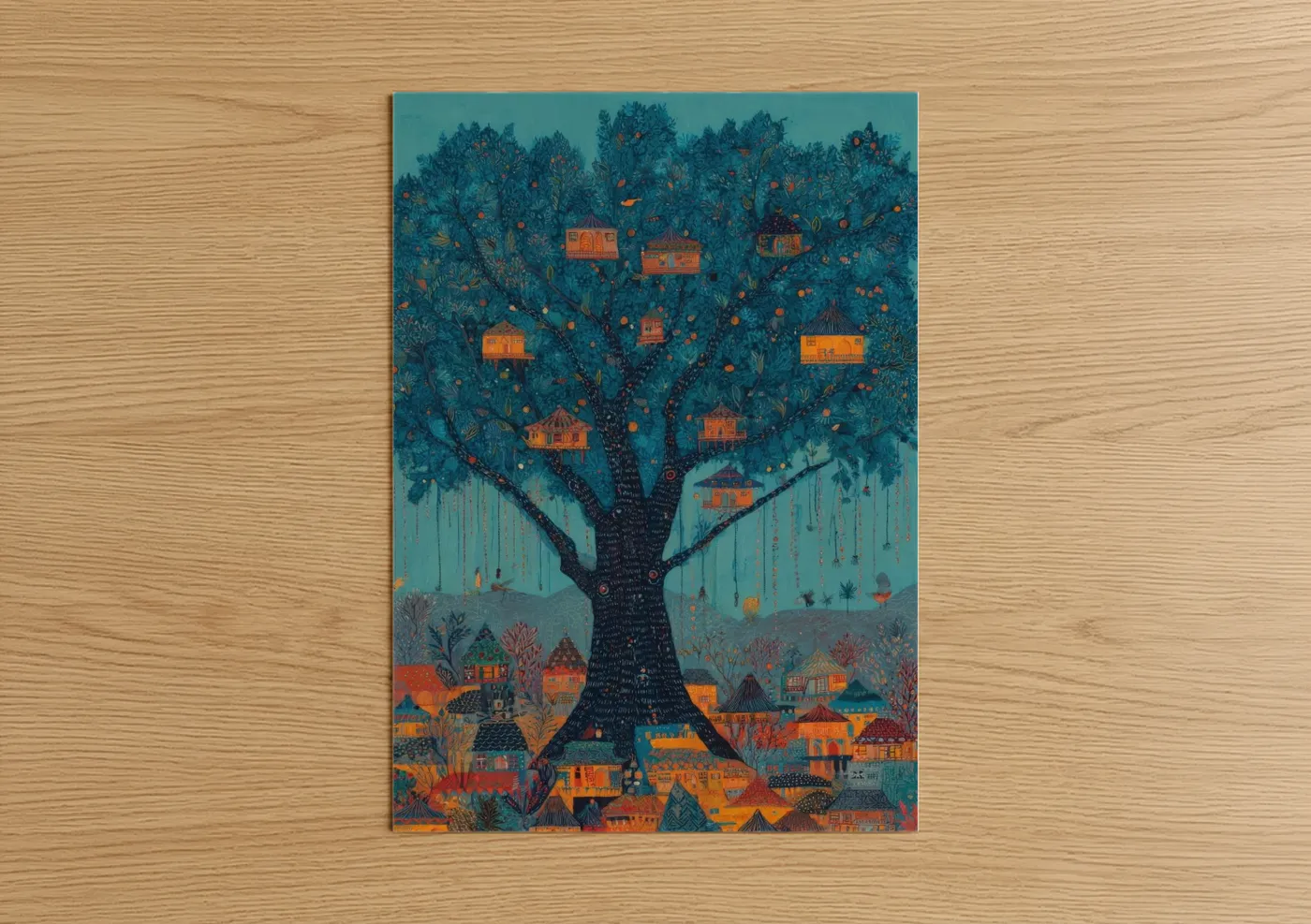 Glowing Banyan Tree Village Illustration Wall Art