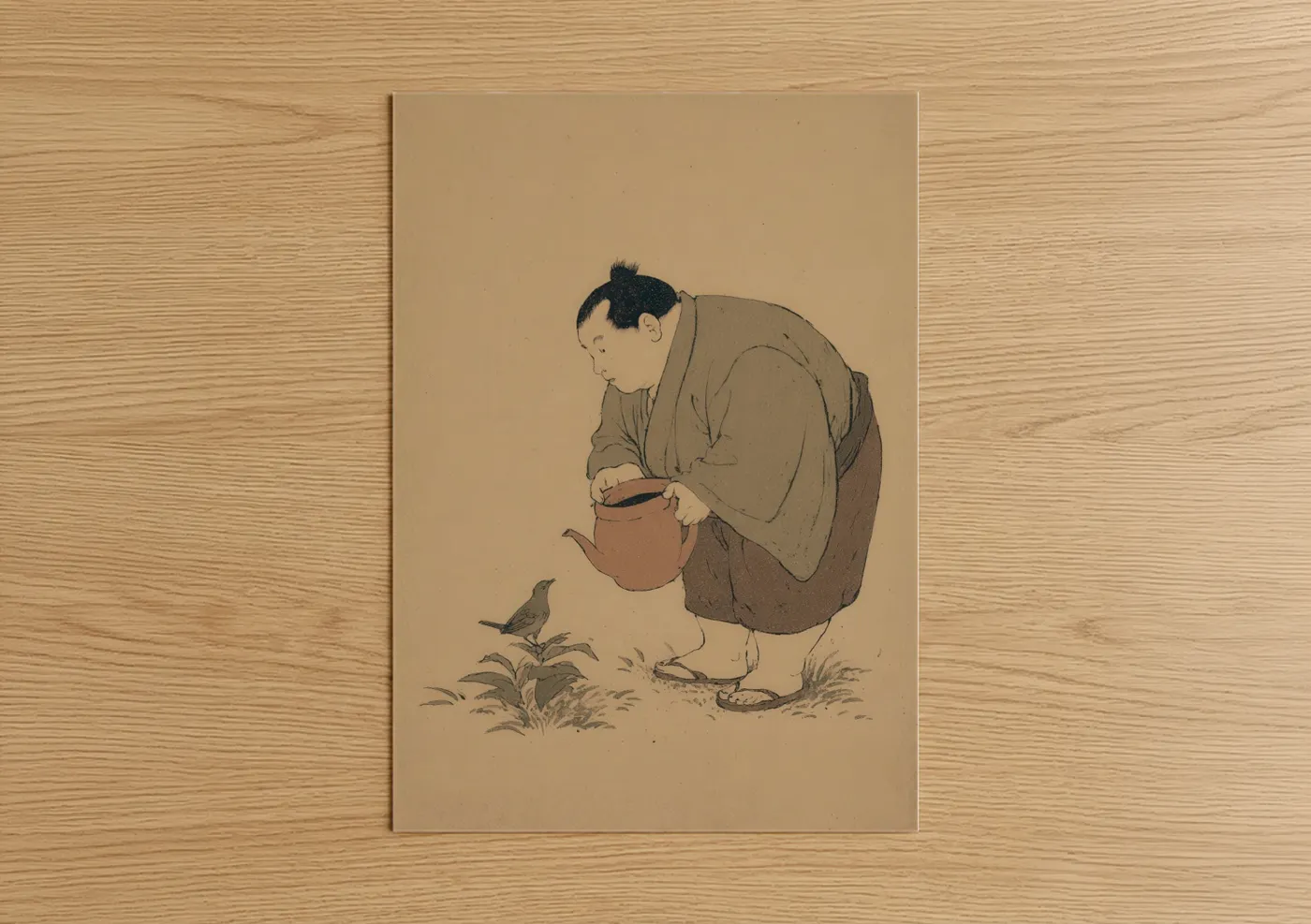 Art print on warm oak wood — beige and brown palette — Contemplative Sumo poster