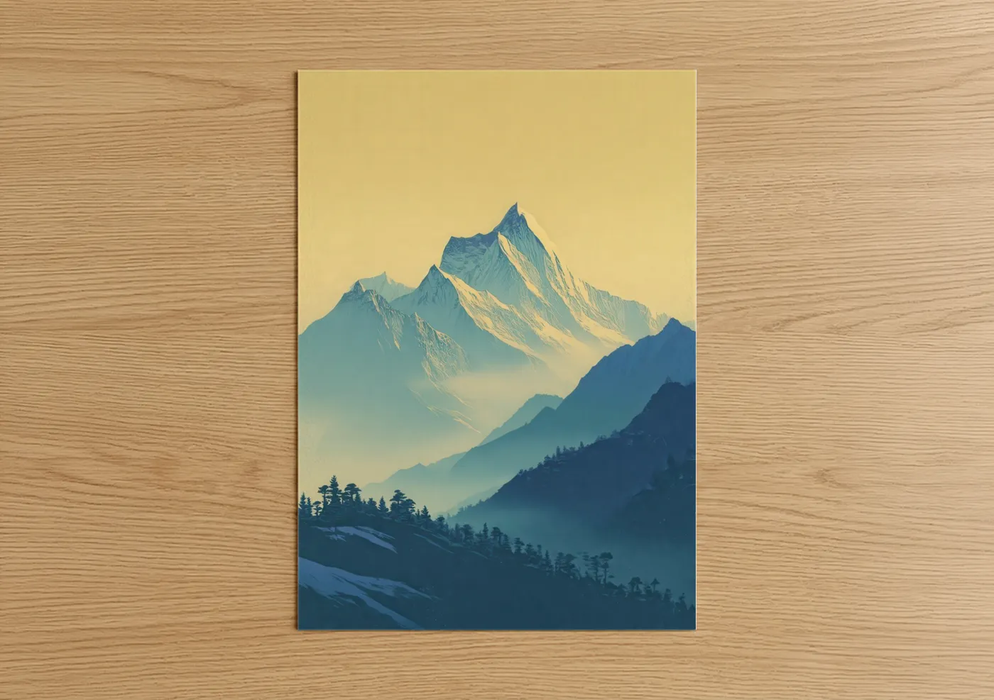 Mount everest art print on warm oak wood — gold and blue palette — Golden Peak Himalayan poster