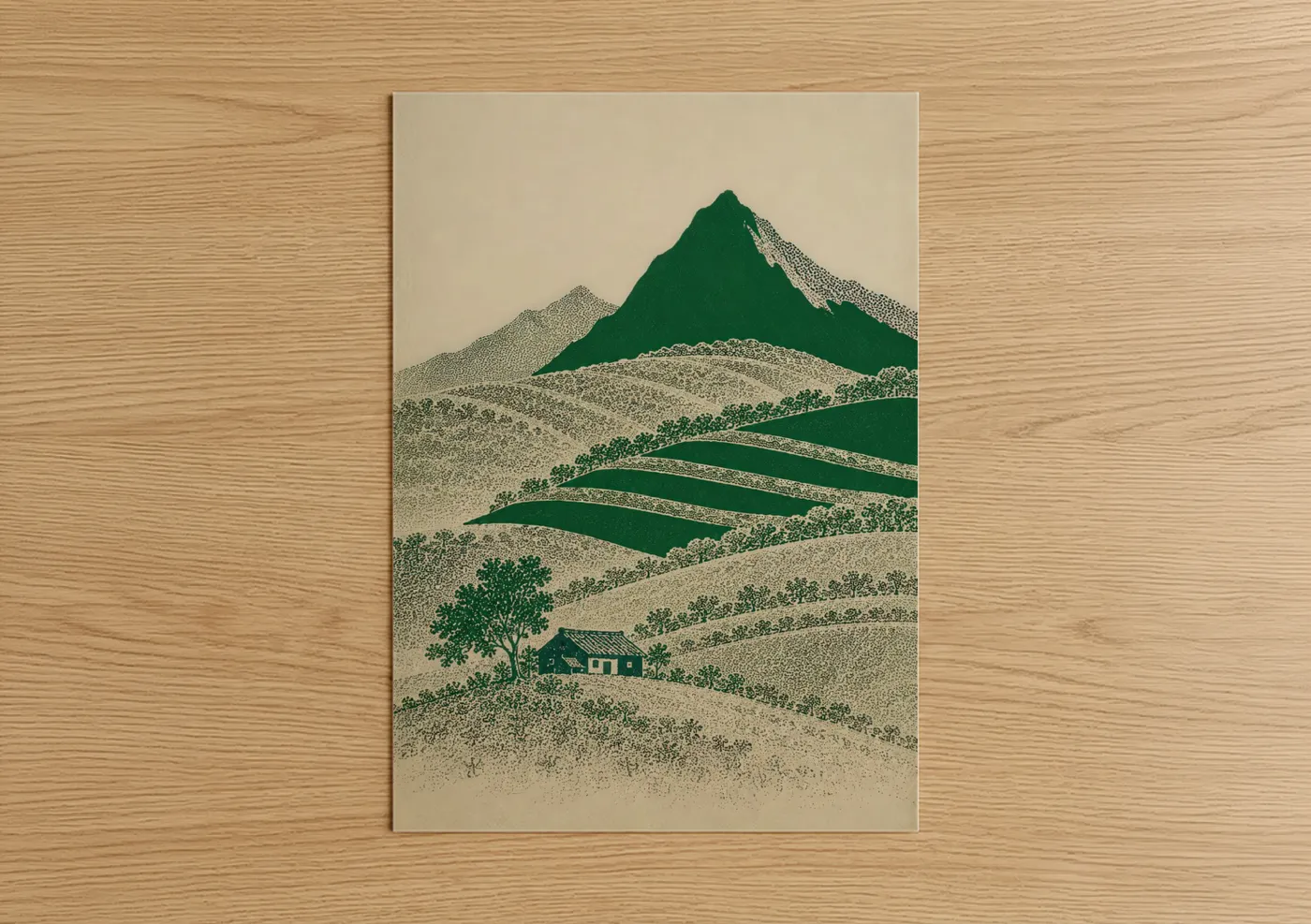 Art print on warm oak wood — true green and beige palette — Japanese Mountain Cottage Landscape Wall Art poster