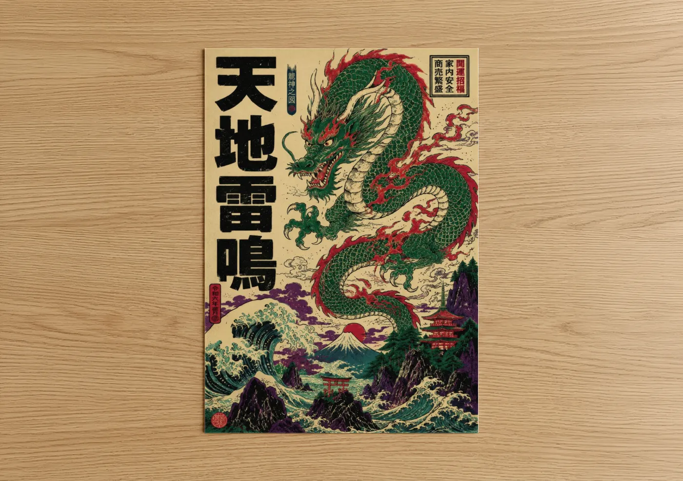 Art print on warm oak wood — green and red palette — Japanese Dragon Ocean Wave Wall Art poster