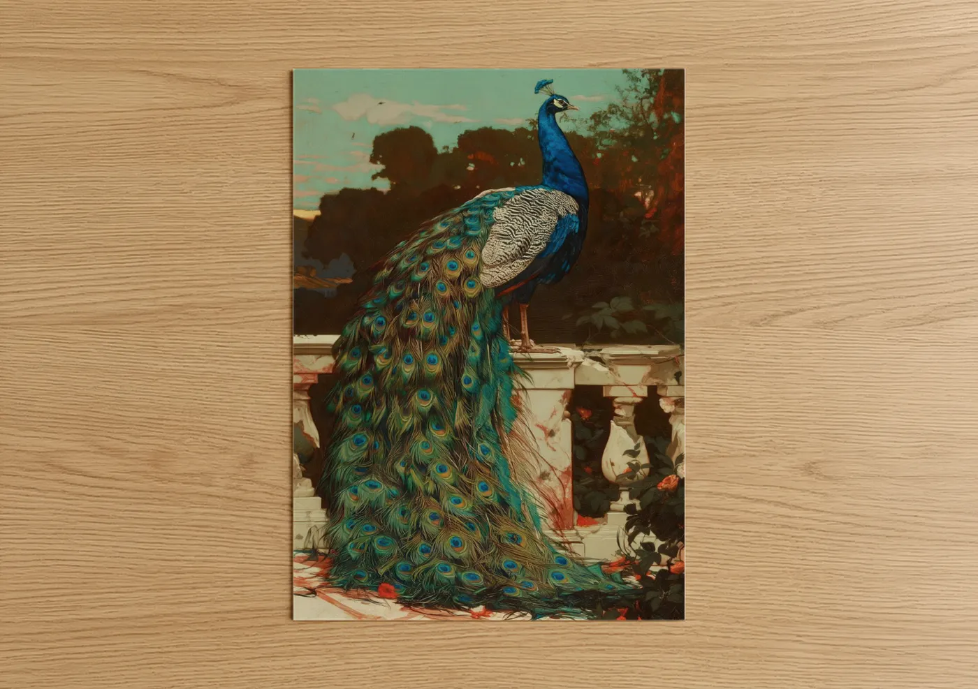 Art print on warm oak wood — teal and gold palette — Royal Peacock poster