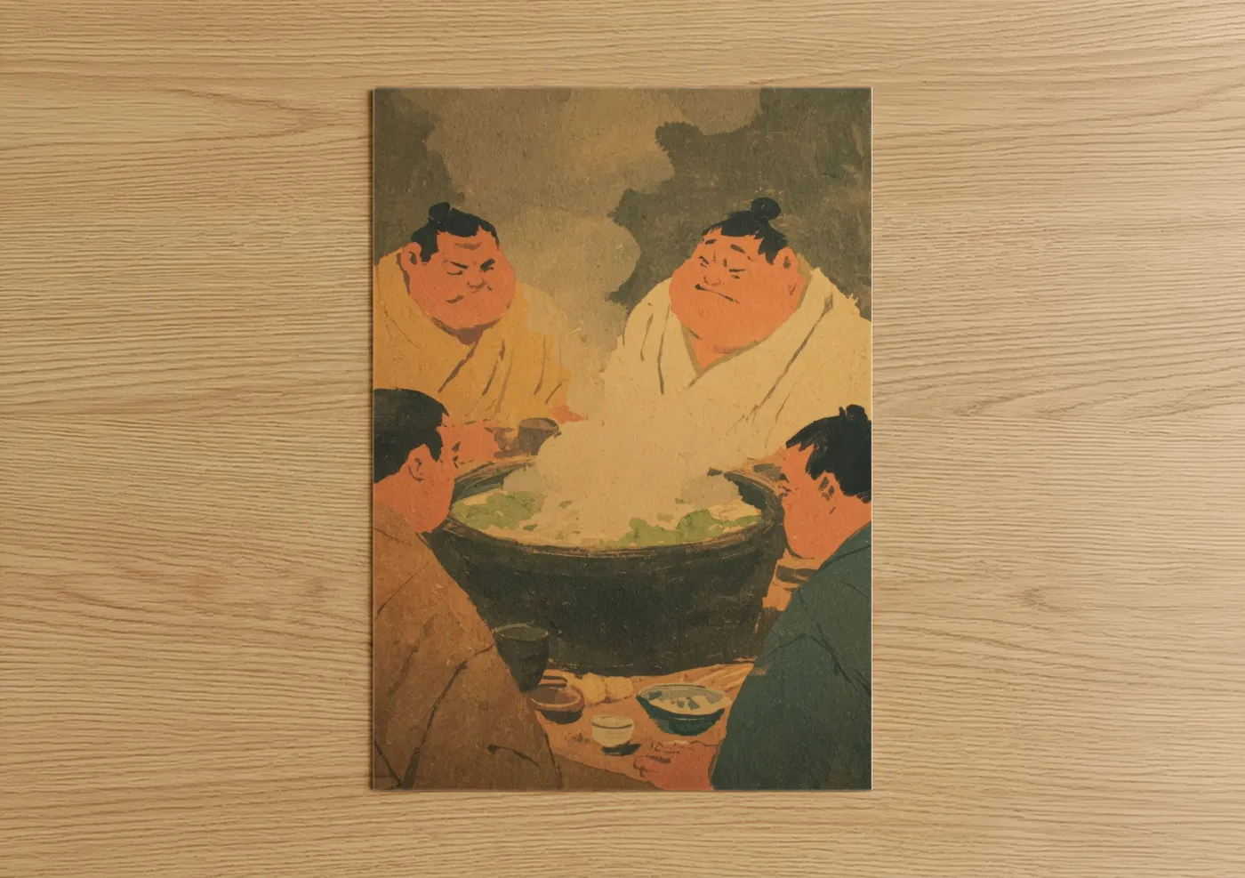 Art print on warm oak wood — gold and green palette — Sumo Feast poster